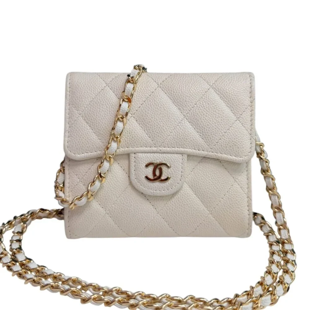 CHANEL White Caviar Leather GHW Compact Wallet